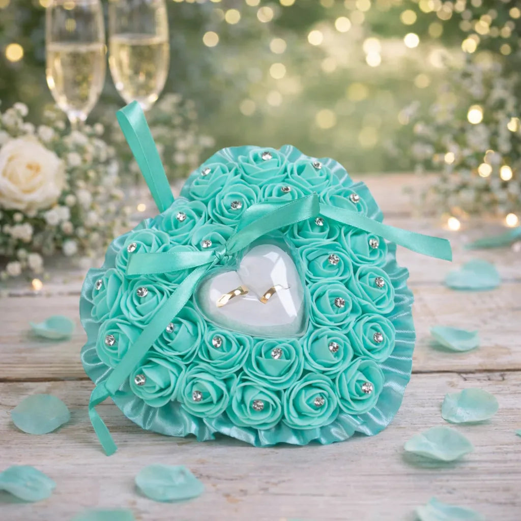 Coussin Anneaux Mariage Cœur Vert Chic