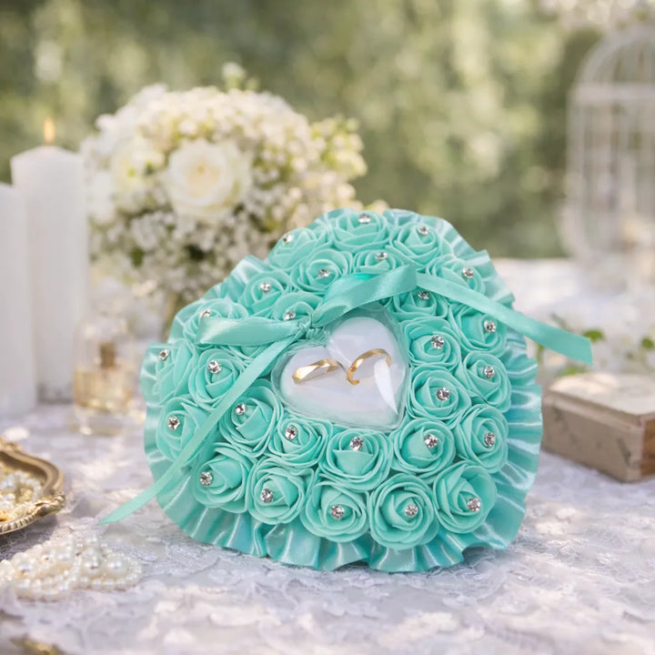 Coussin Anneaux Mariage Cœur Vert Unique
