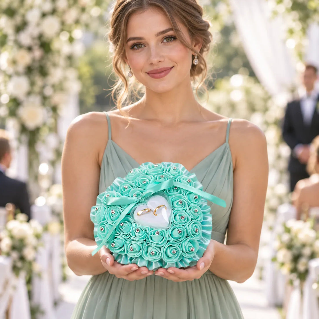 Coussin Anneaux Mariage Cœur Vert délicat