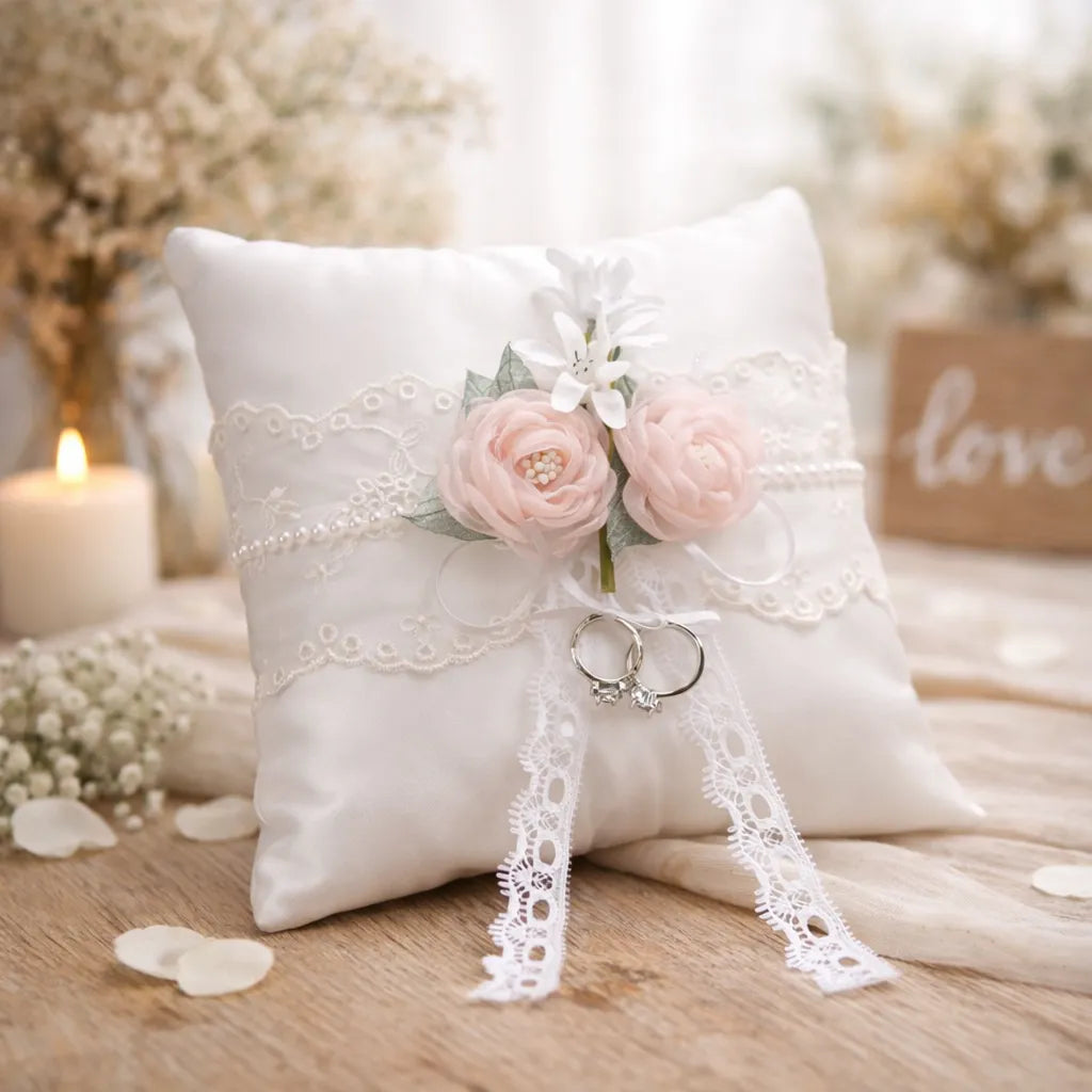 Coussin Anneaux Mariage à Fleurs Unique