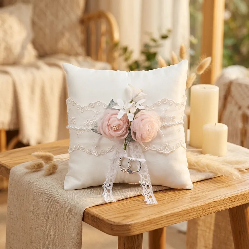 Coussin Anneaux Mariage à Fleurs élégant