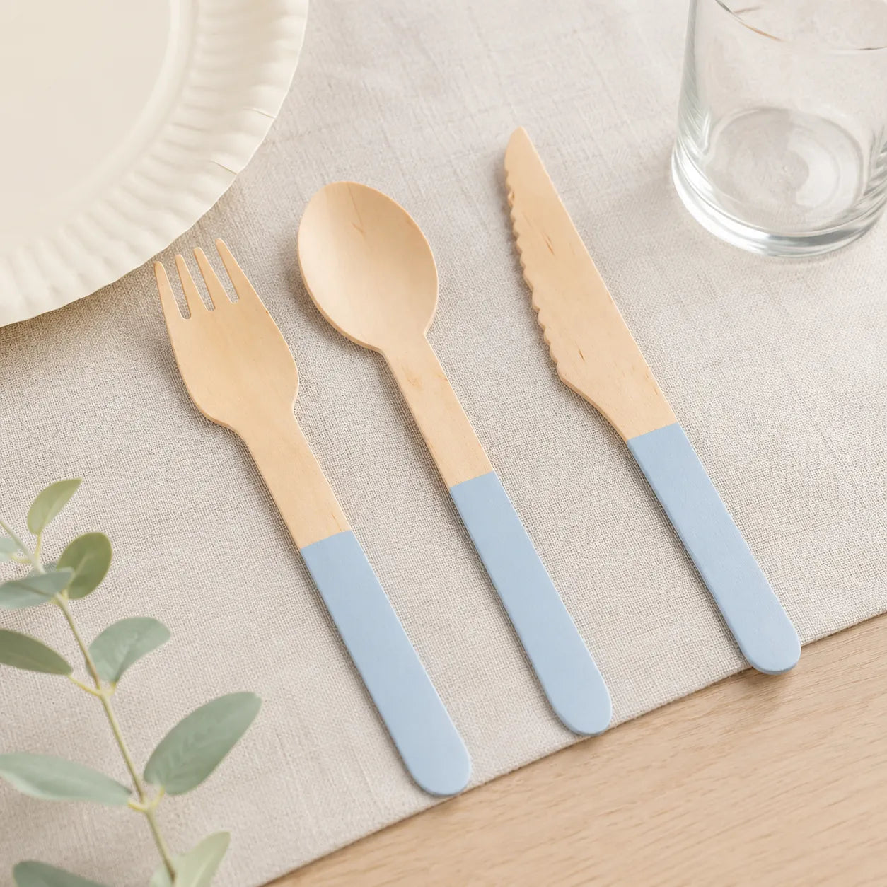 Couverts Jetables en Bois Bleu Pastel Originaux