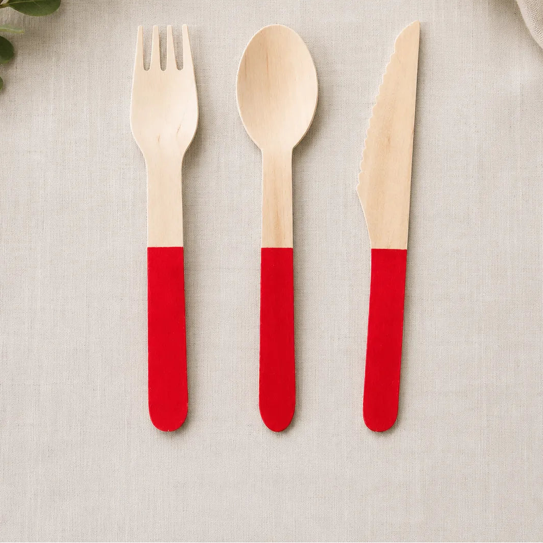 Couverts Jetables en Bois Rouge Beaux
