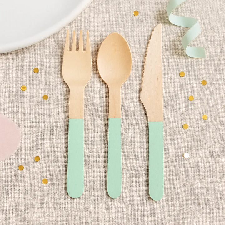 Couverts Jetables en Bois Vert Pastel1