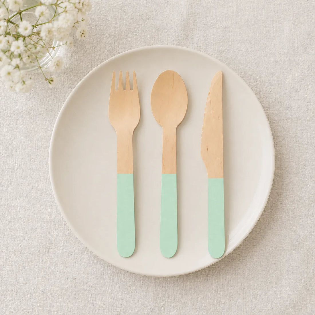 Couverts Jetables en Bois Vert Pastel Kawai