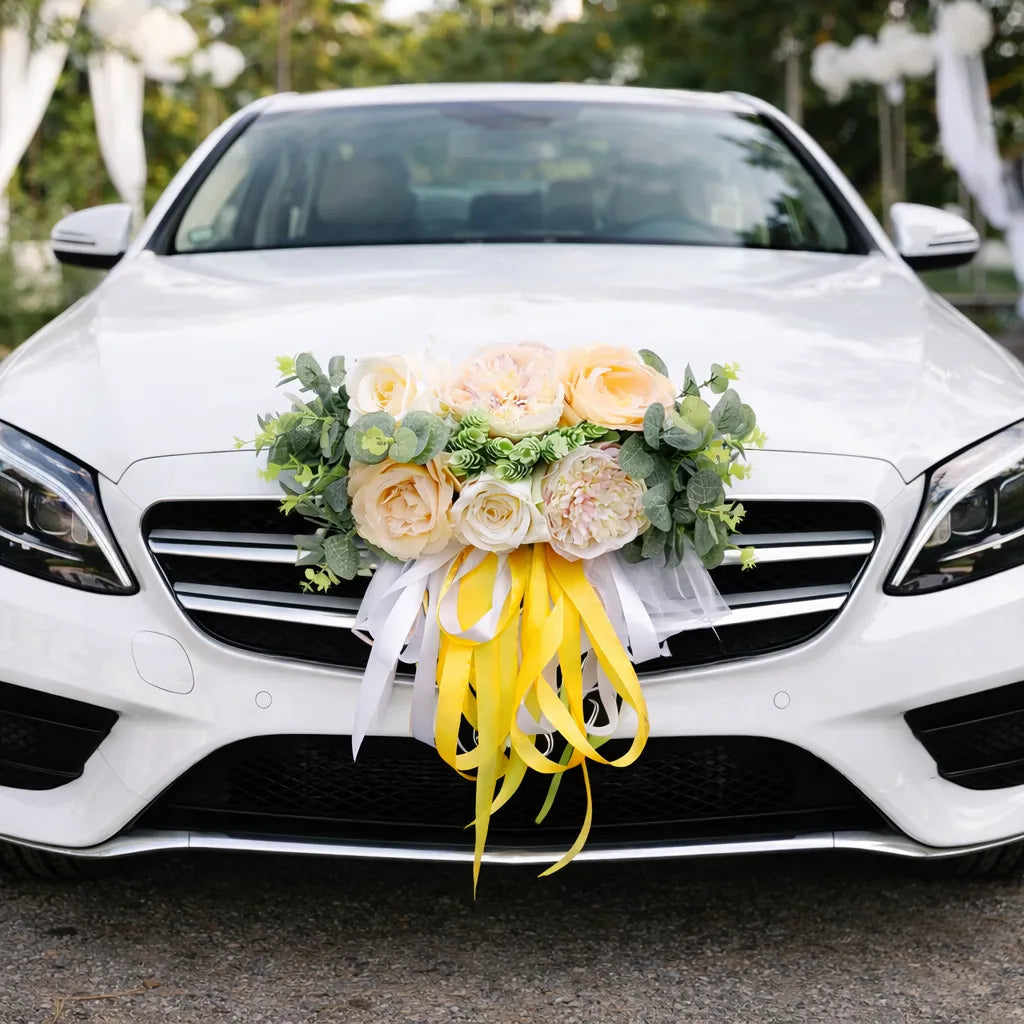 Déco Fleurs Jaune Voiture Mariage