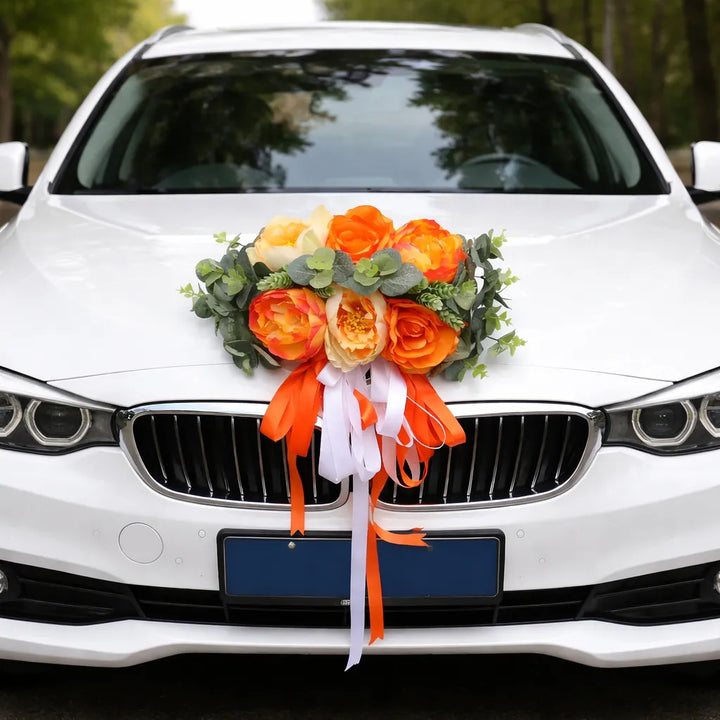 Déco Florale Orange Capot Voiture Mariage