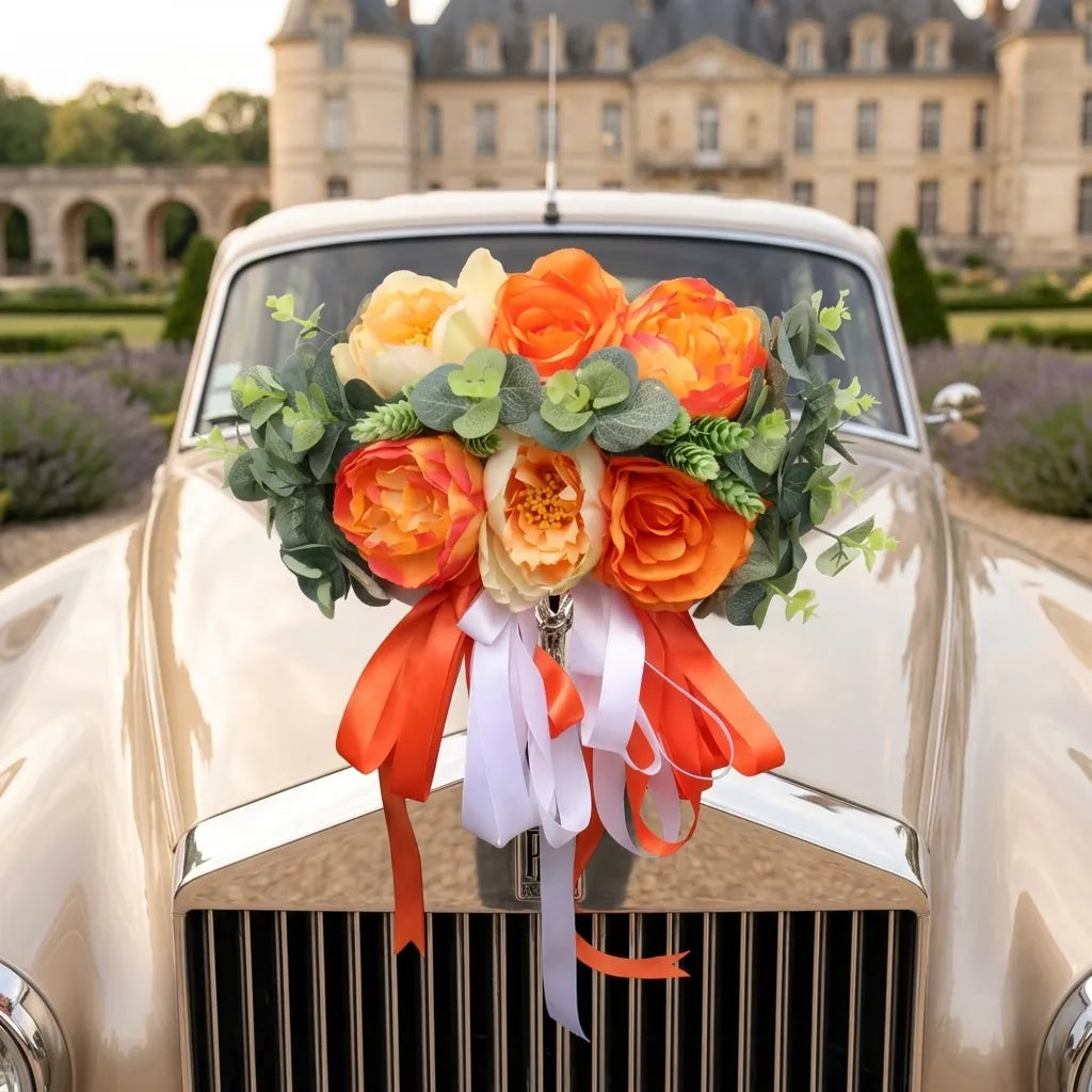 Déco Florale Orange Capot Voiture Mariage Majestueux