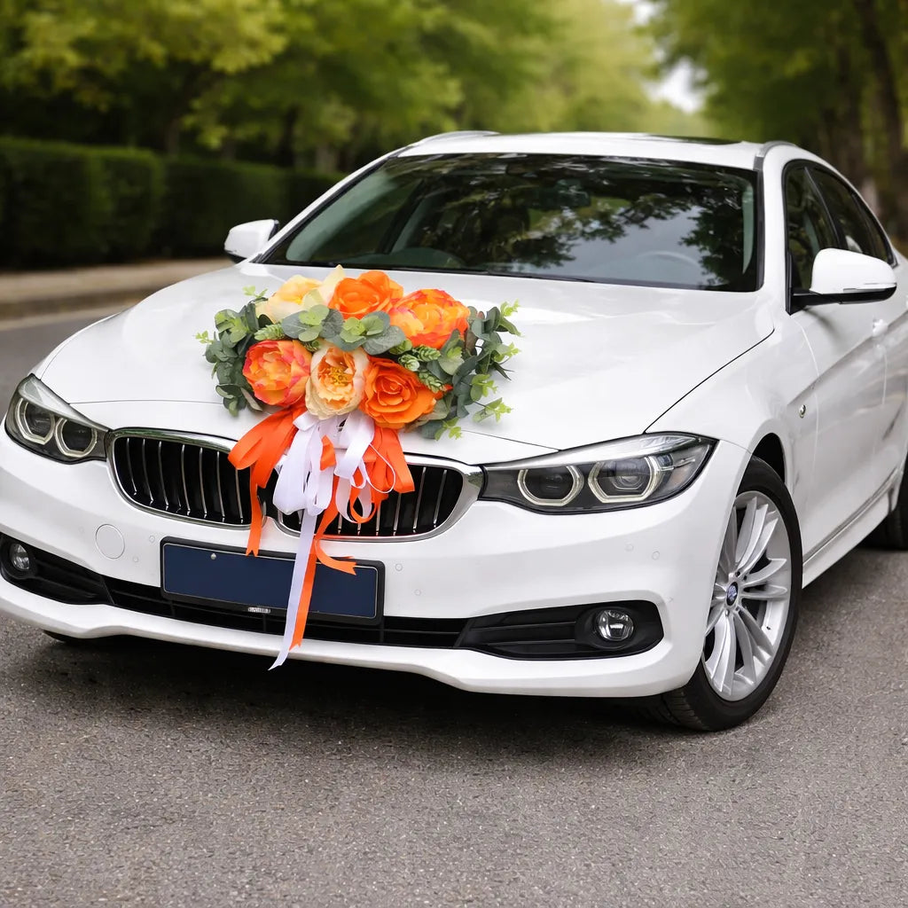 Déco Florale Orange Capot Voiture Mariage original