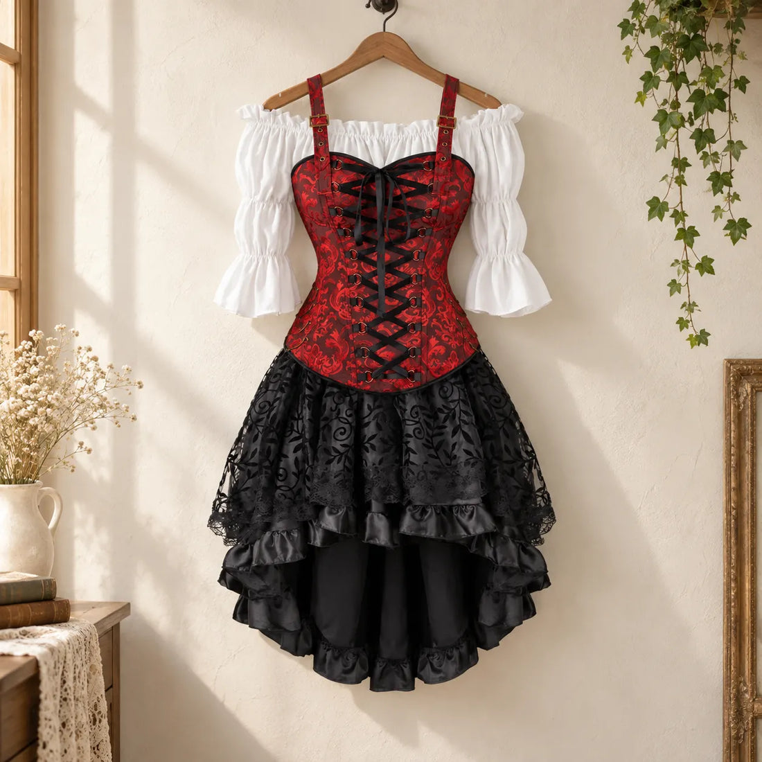 Ensemble Corset Pirate Rouge et Noir Réaliste