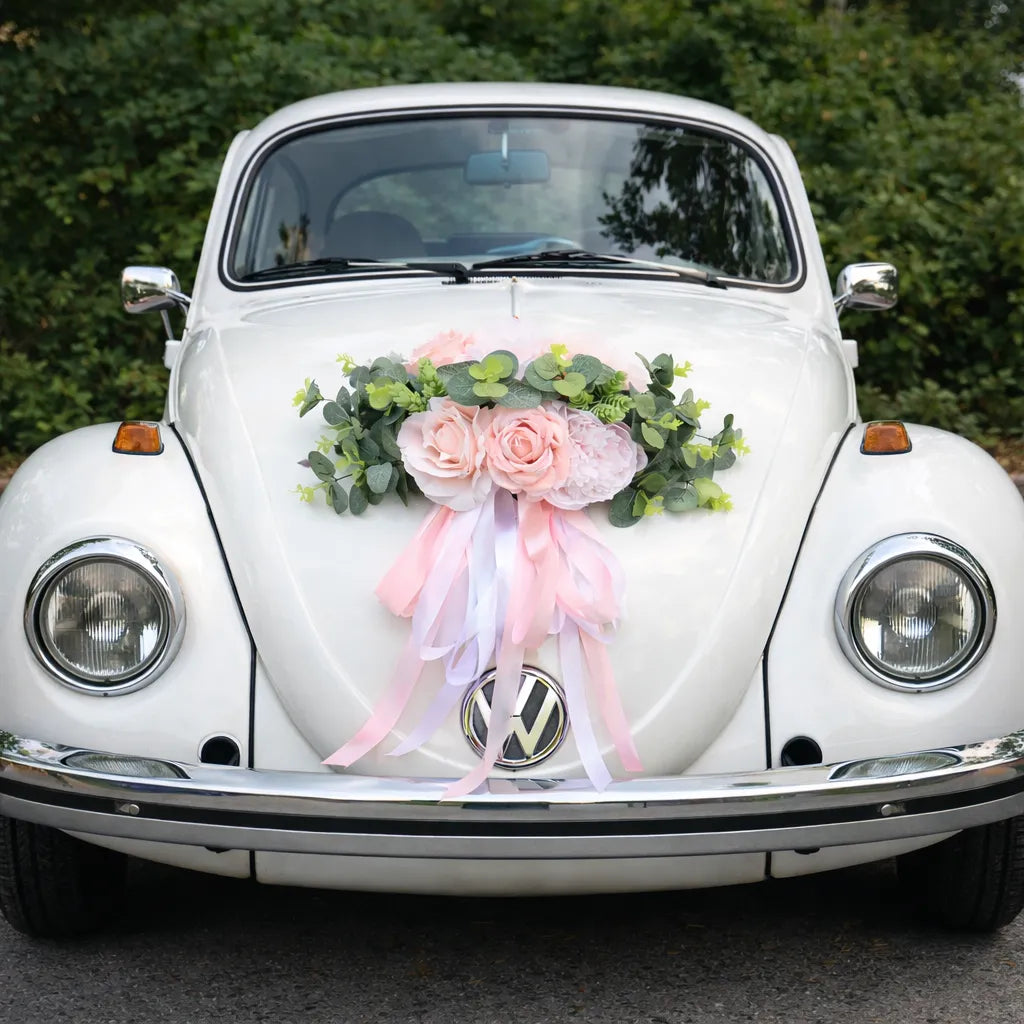 Fleurs Roses à Feuillages Voiture Mariage