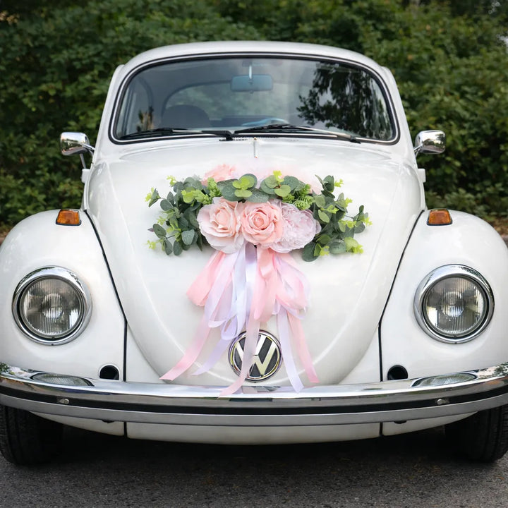 Fleurs Roses à Feuillages Voiture Mariage
