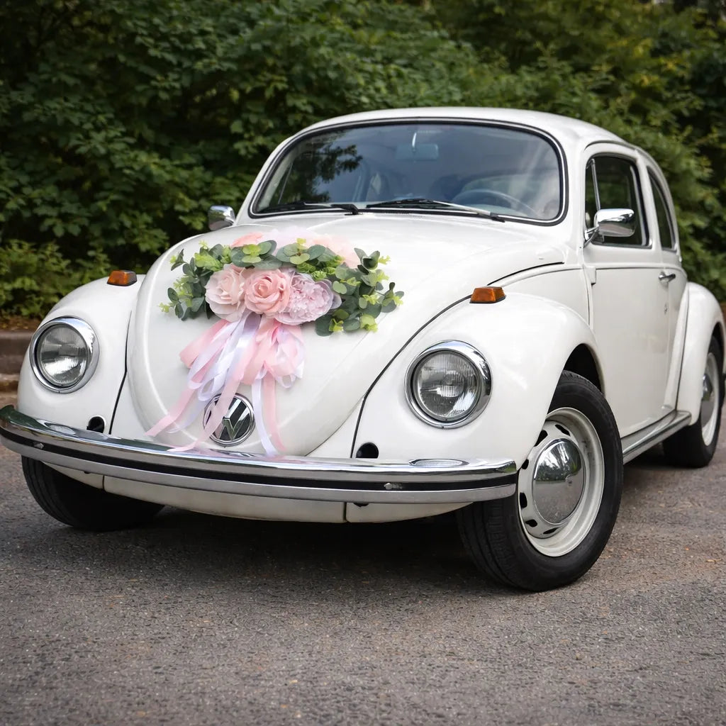 Fleurs Roses à Feuillages Voiture Mariage sublime