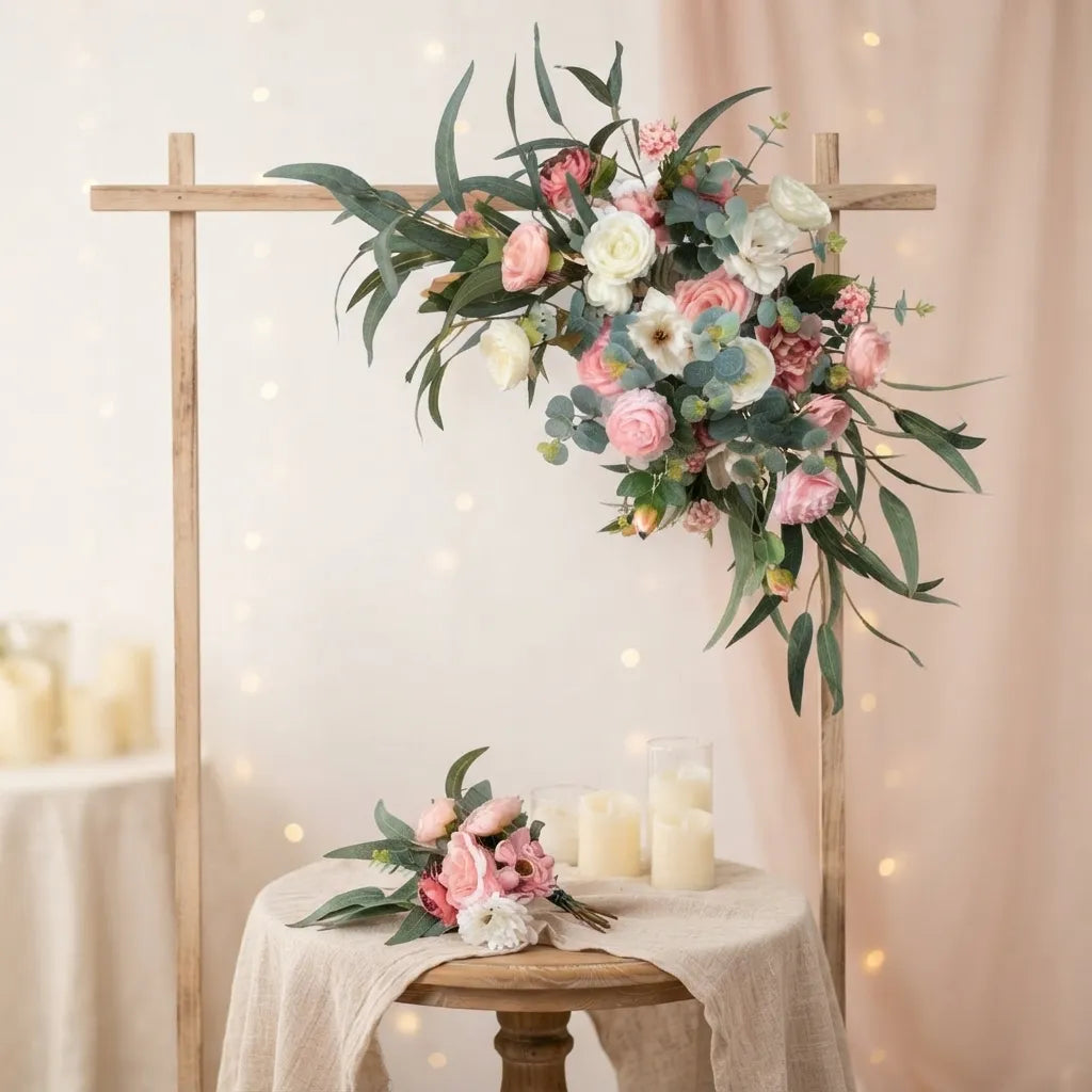 Fleurs Roses à Feuilles Pour Arc Mariage Naturel