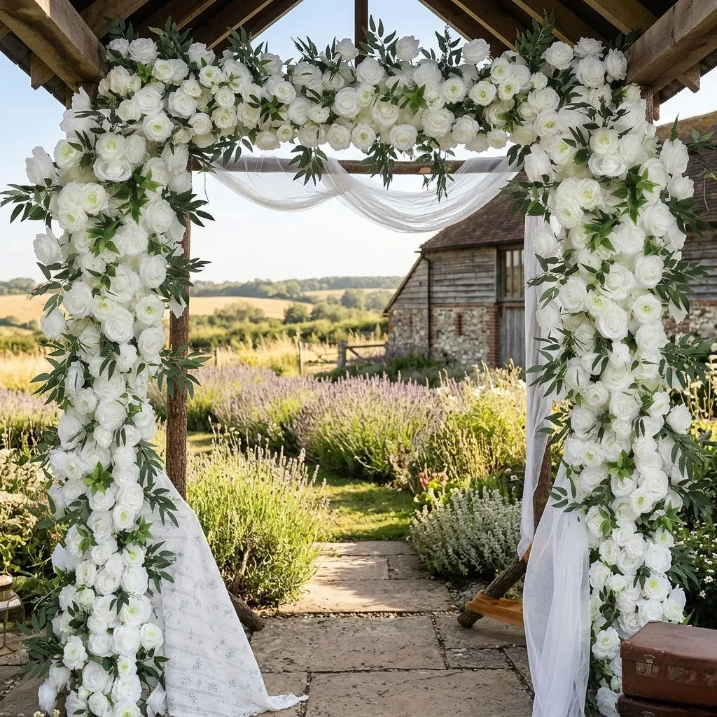 Fleurs de Roses Blanches à Feuillages Arche Mariage