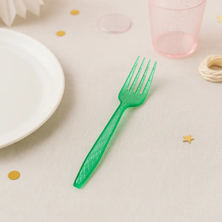 Fourchettes Jetables Vertes Pailletées 1