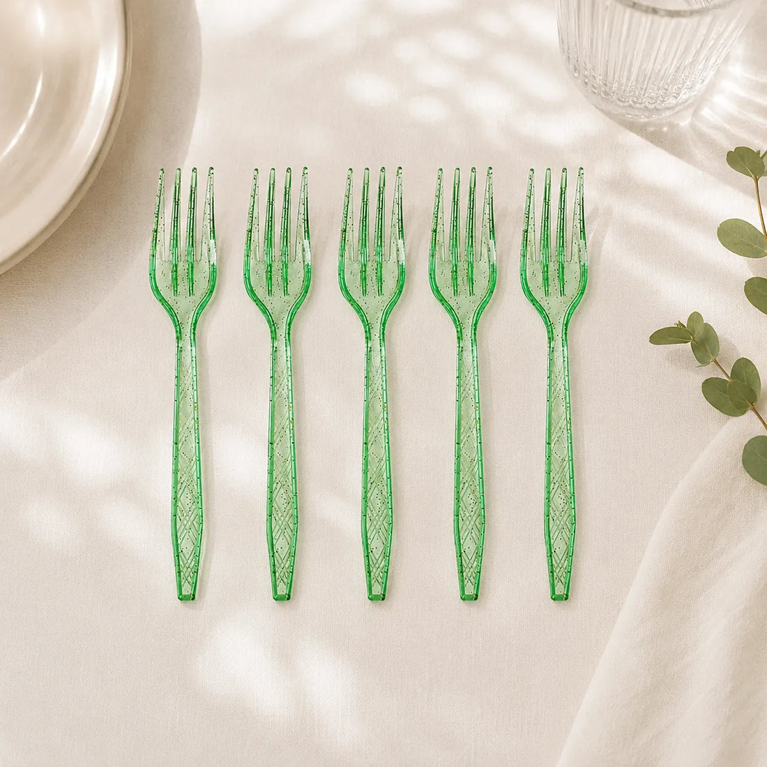 Fourchettes Jetables Vertes Pailletées Originales