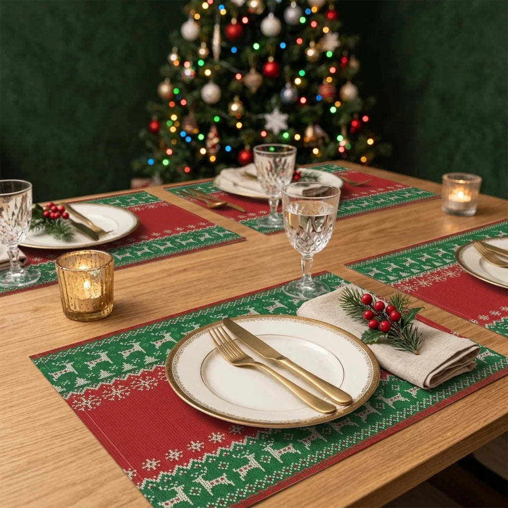 Set de Table Noël en Lin Vert et Rouge