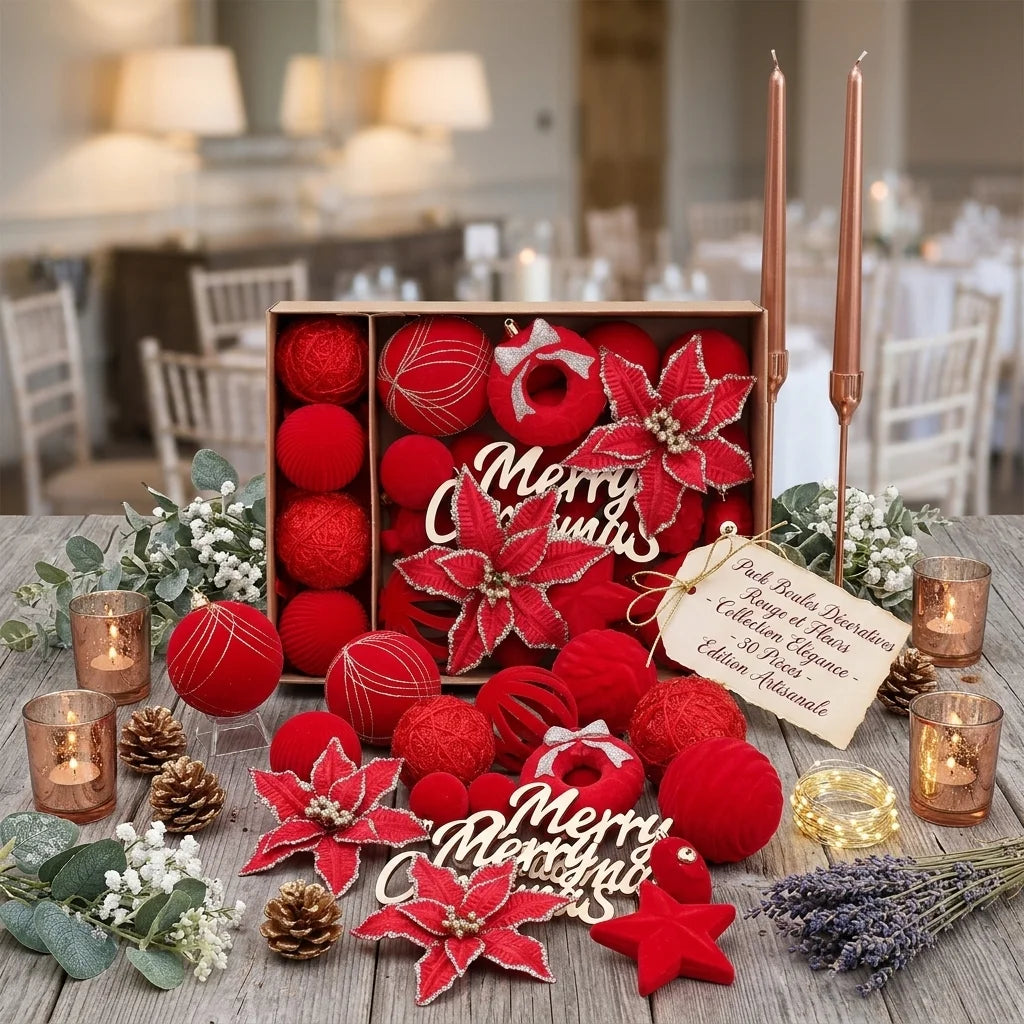 Pack Boules Décoratives Rouge et Fleurs