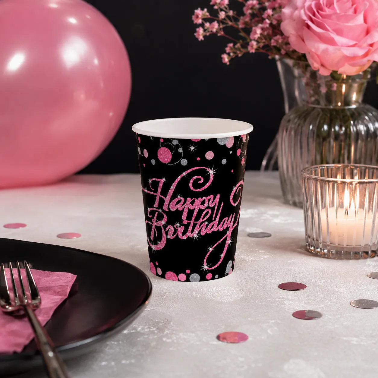 Gobelet Happy Birthday Noir et Rose Beau