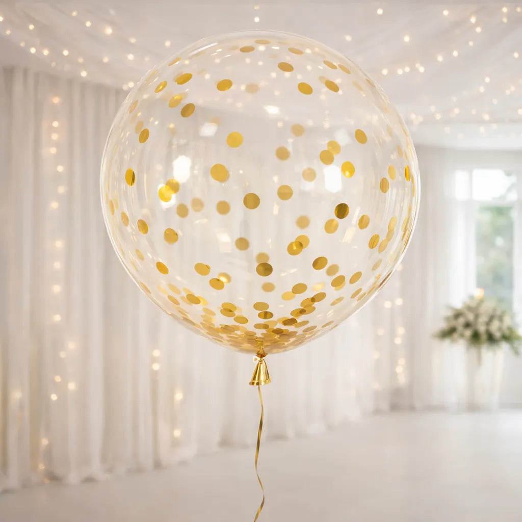 Gros Ballon Transparent à Confettis Dorés