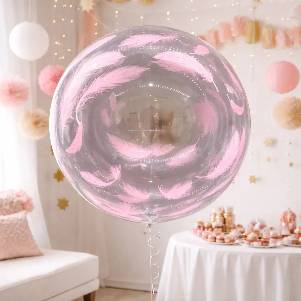 Gros Ballon Transparent à Plumes Roses