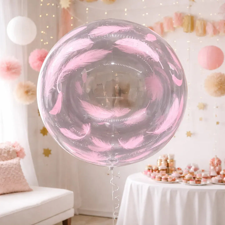 Gros Ballon Transparent à Plumes Roses