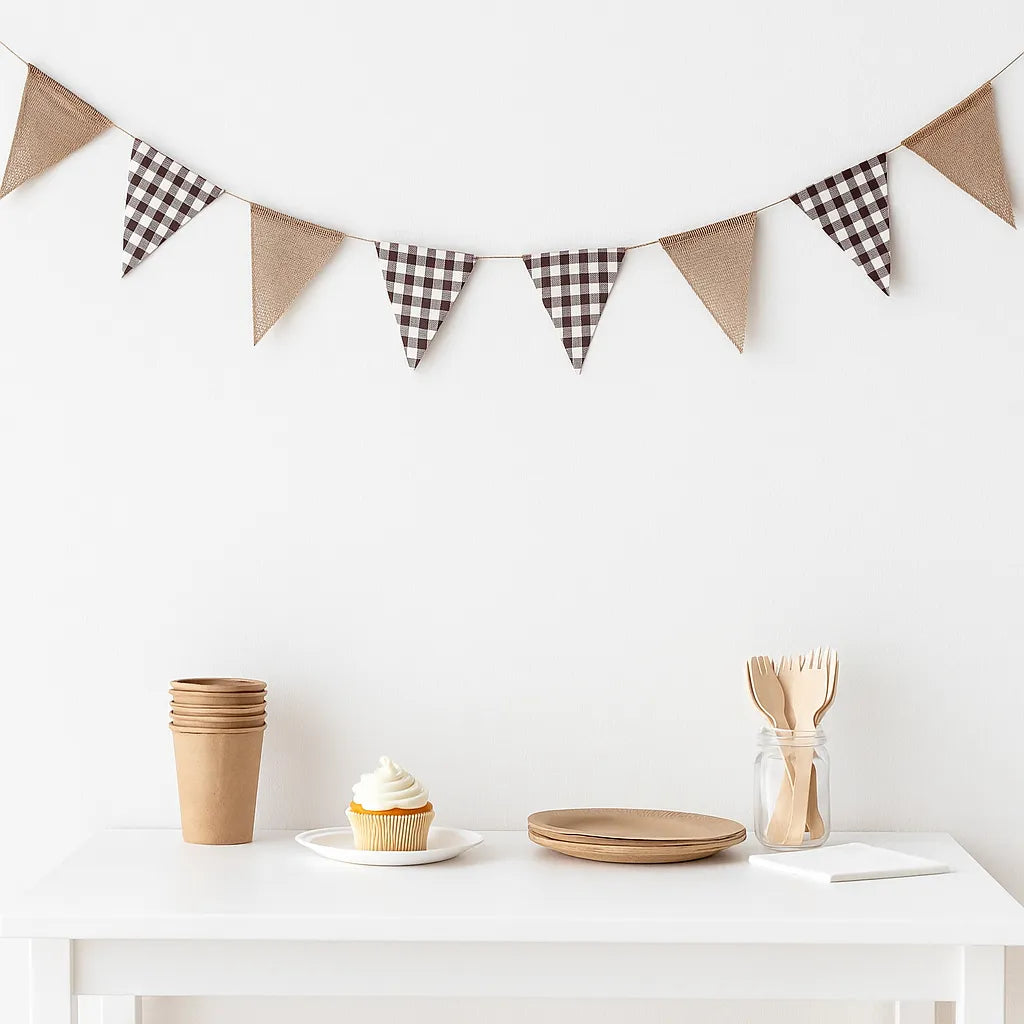 Guirlande Anniversaire Carreaux Marrons et Jute Minimaliste