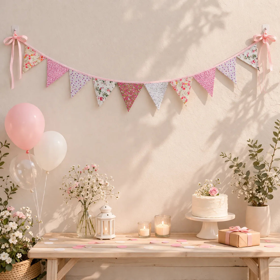 Guirlande Fanions Champêtre Rose et Blanc