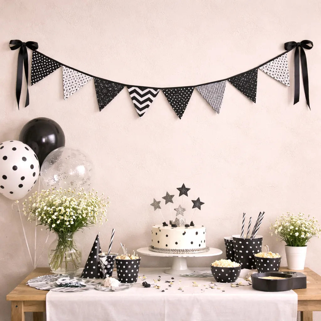 Guirlande Fanions Noir et Blanc Tissu Neutre