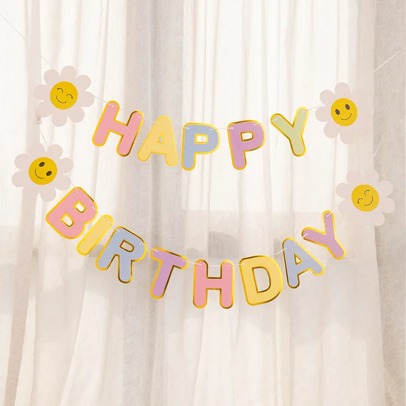 Guirlande Happy Birthday Arc-En-Ciel Fleurs