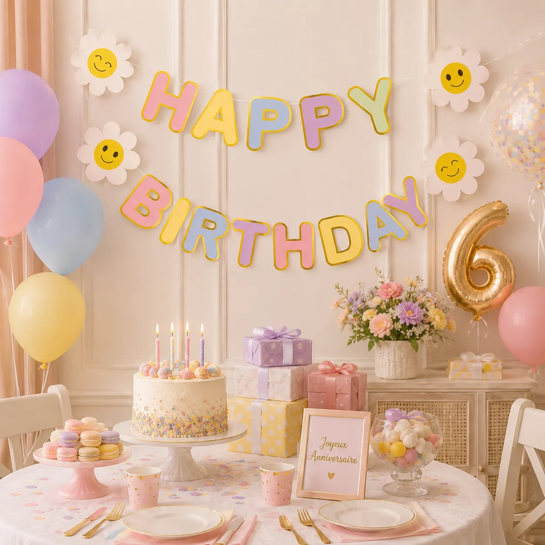 Guirlande Happy Birthday Arc-En-Ciel Fleurs festif