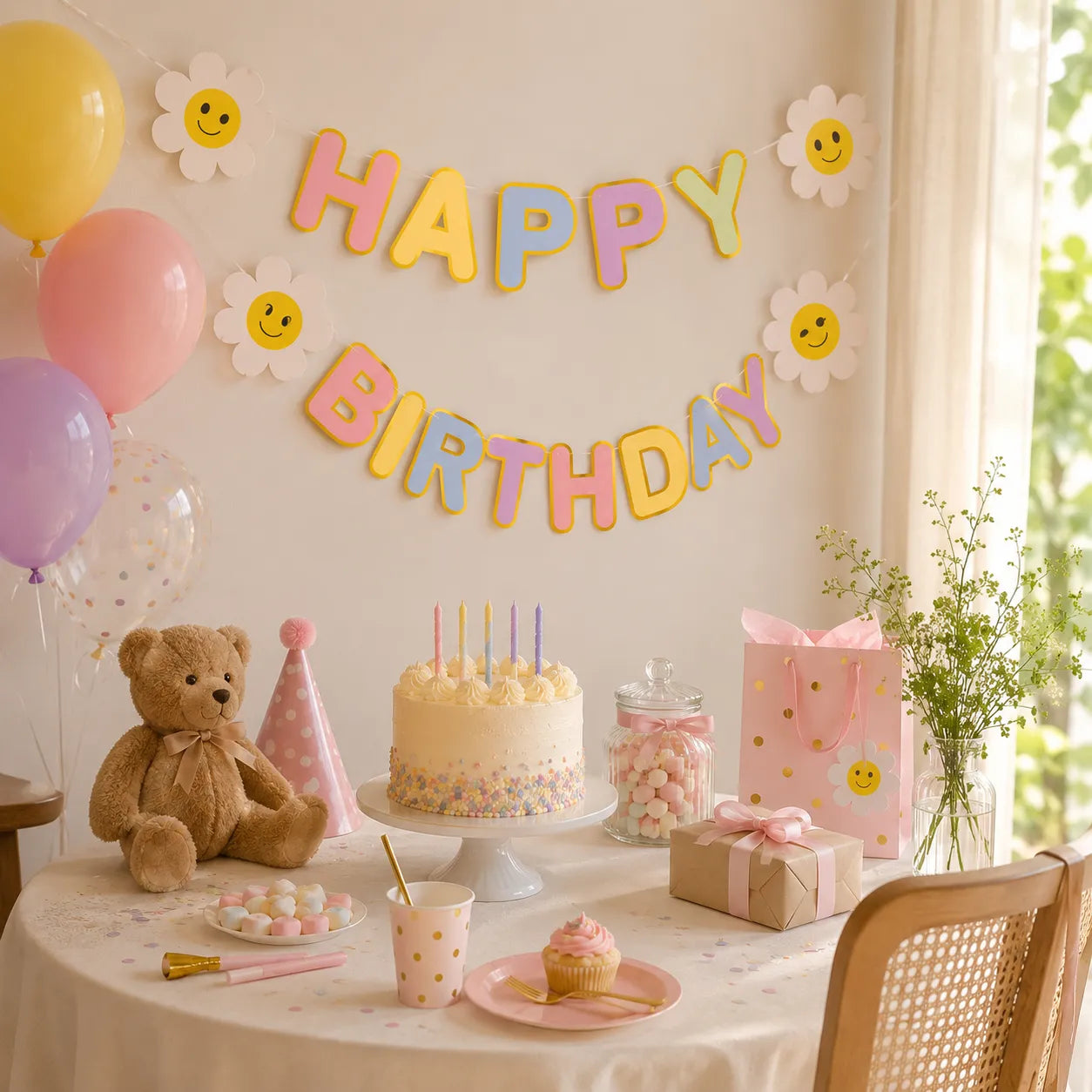 Guirlande Happy Birthday Arc-En-Ciel Fleurs joyeux