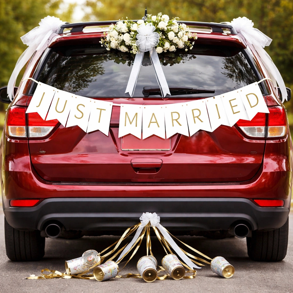 Guirlande Just Married Voiture Blanc et Doré