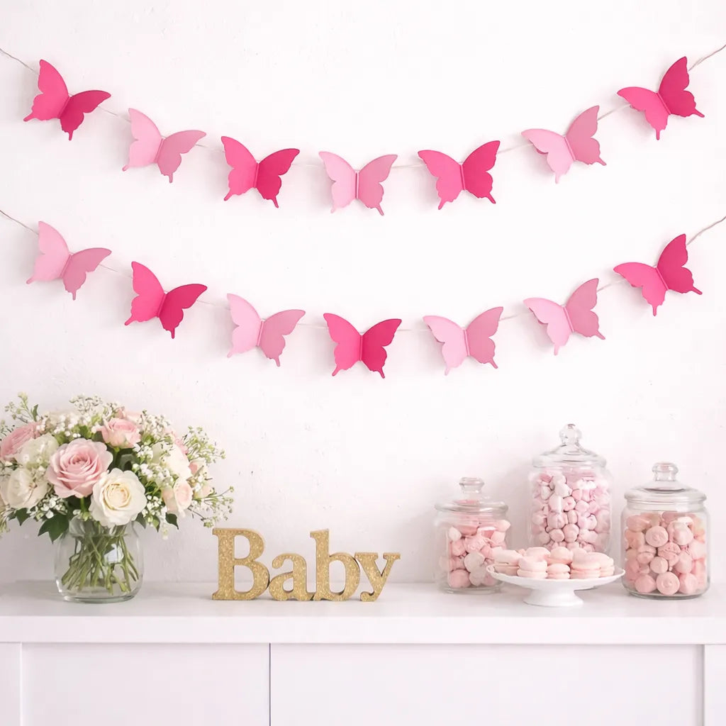 Guirlande Papillons 3D Papiers Roses glamour