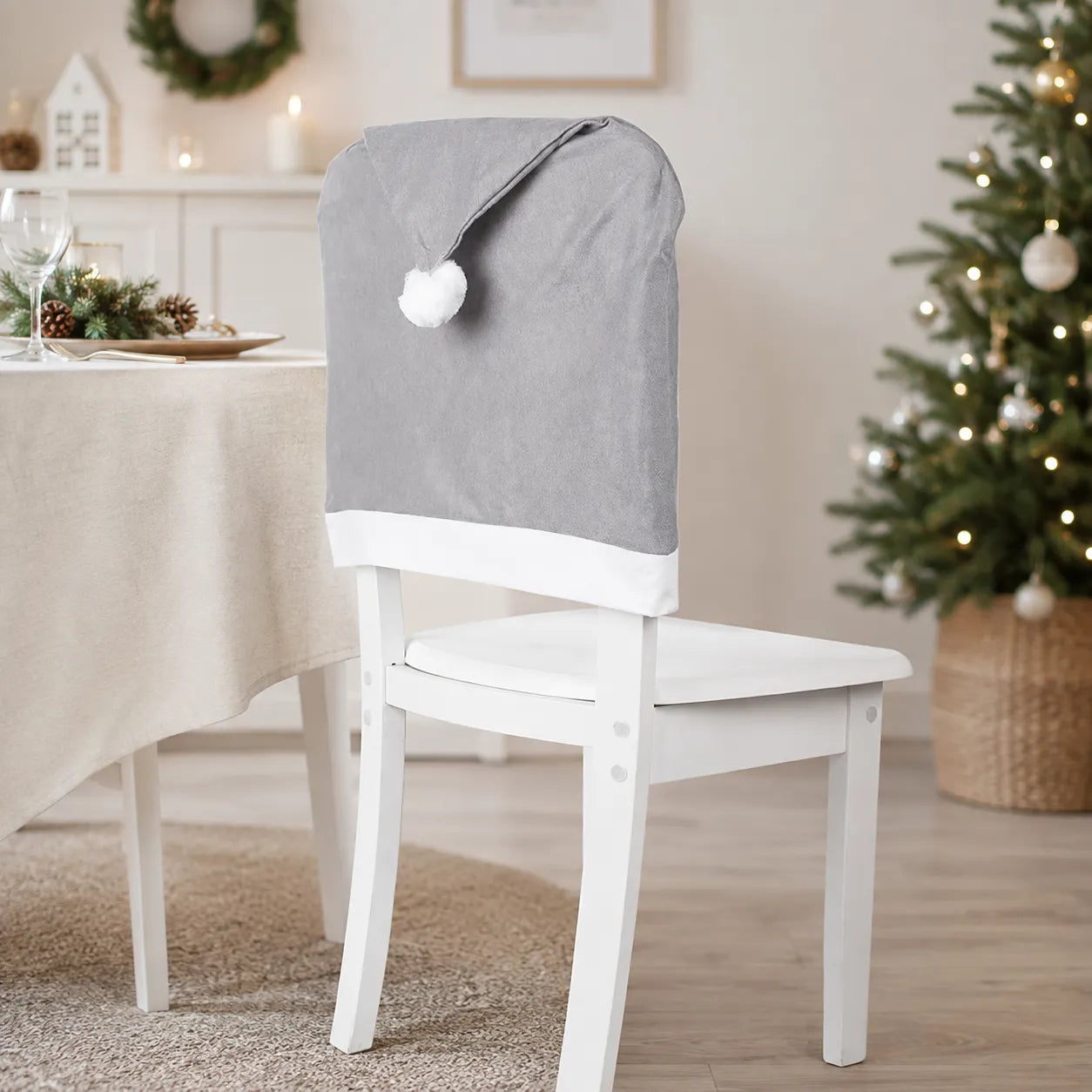 Housse de Chaise Chapeau Noël Grise Pratique