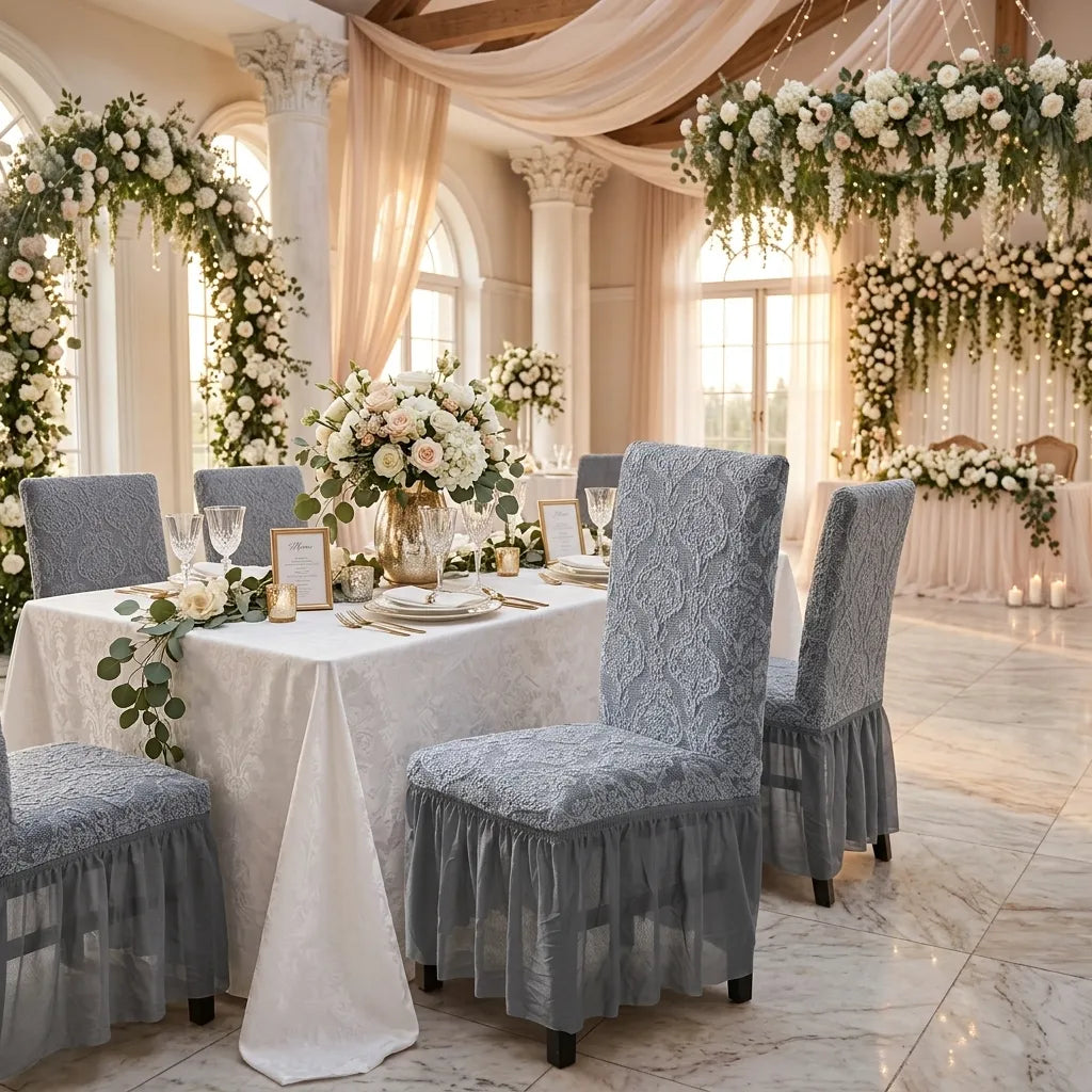 Housse de Chaise Mariage Jacquard à Jupe Unique