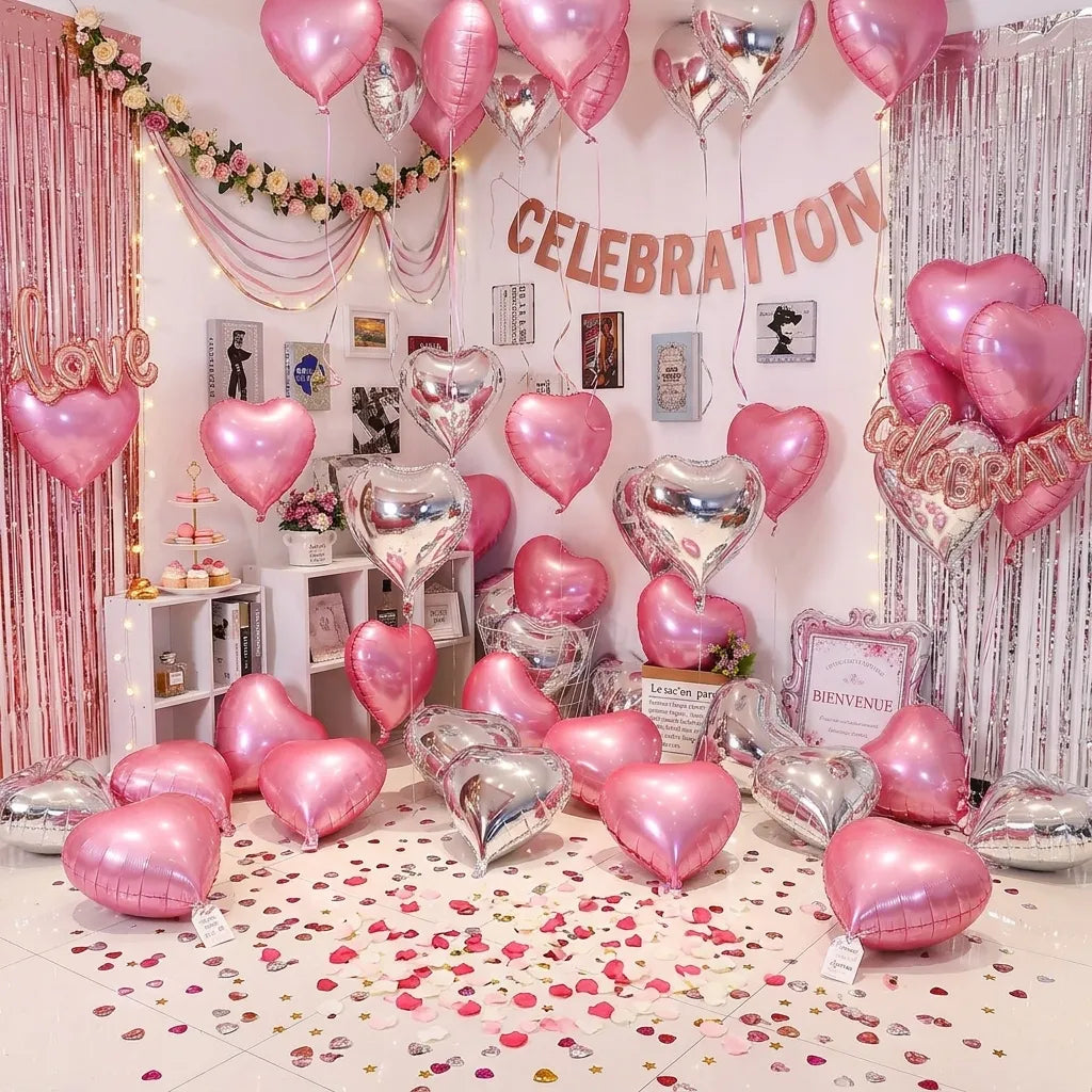 Lot de Ballons Cœur Roses et Argentés Décorative