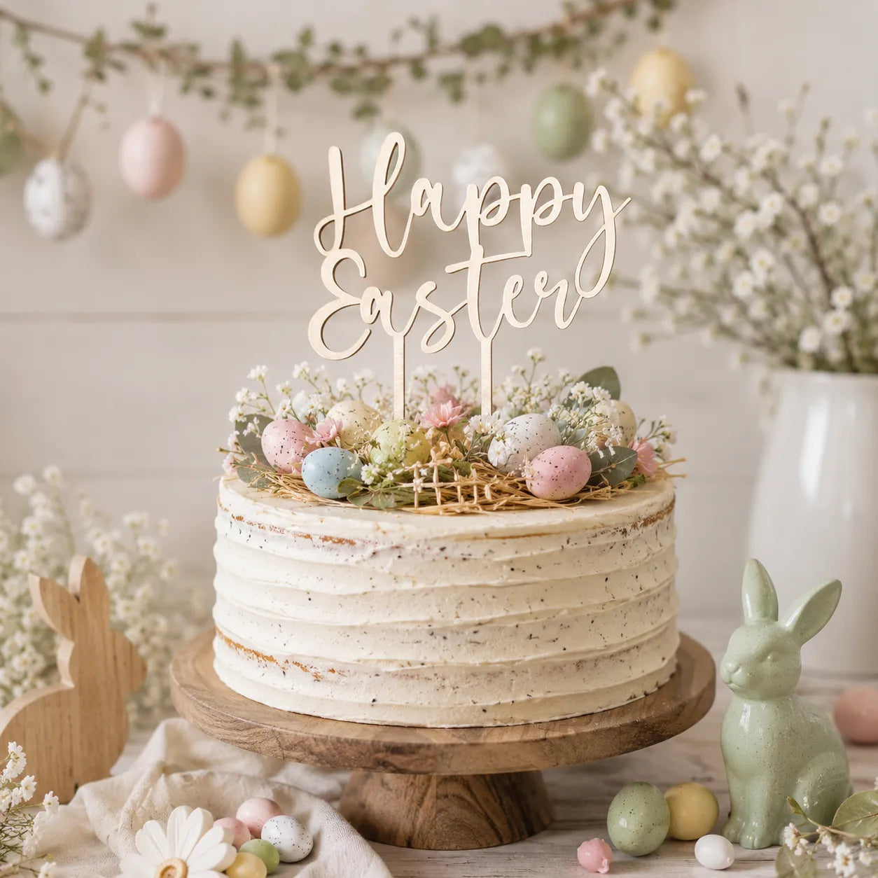 Lot de Cake Topper Happy Easter en Bois Chic