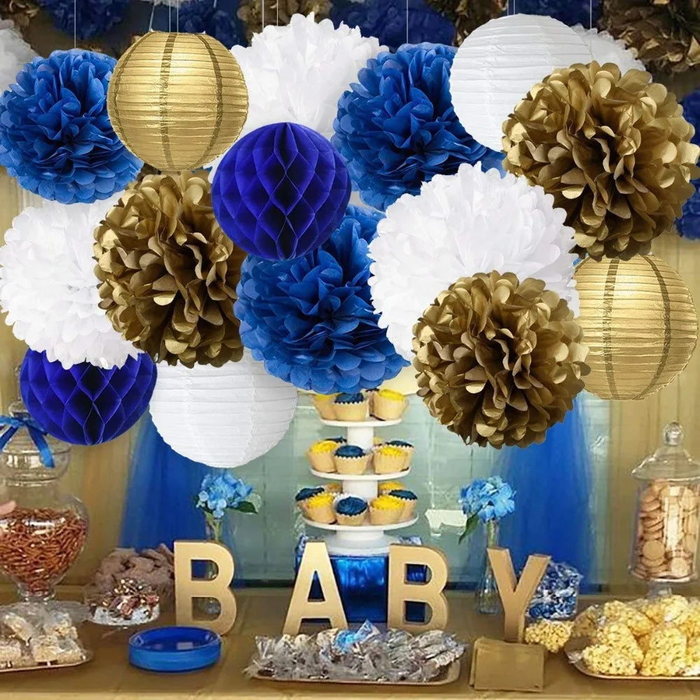 Lot de Lanternes en Papier Bleu et Doré Chic