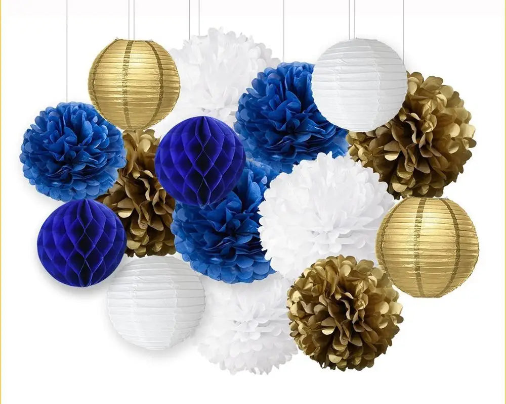 Lot de Lanternes en Papier Bleu et Doré Unique