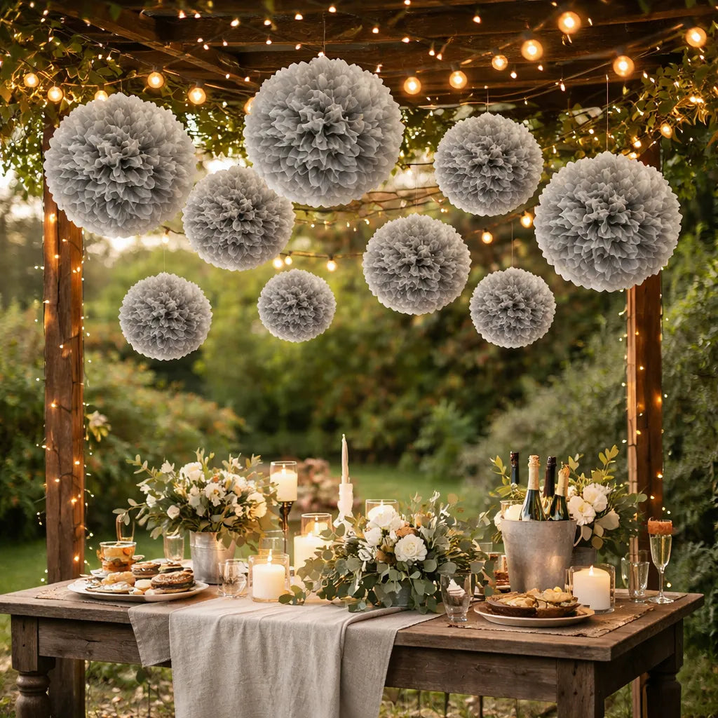 Lot de Pompons en Papier de Soie Gris Minimaliste