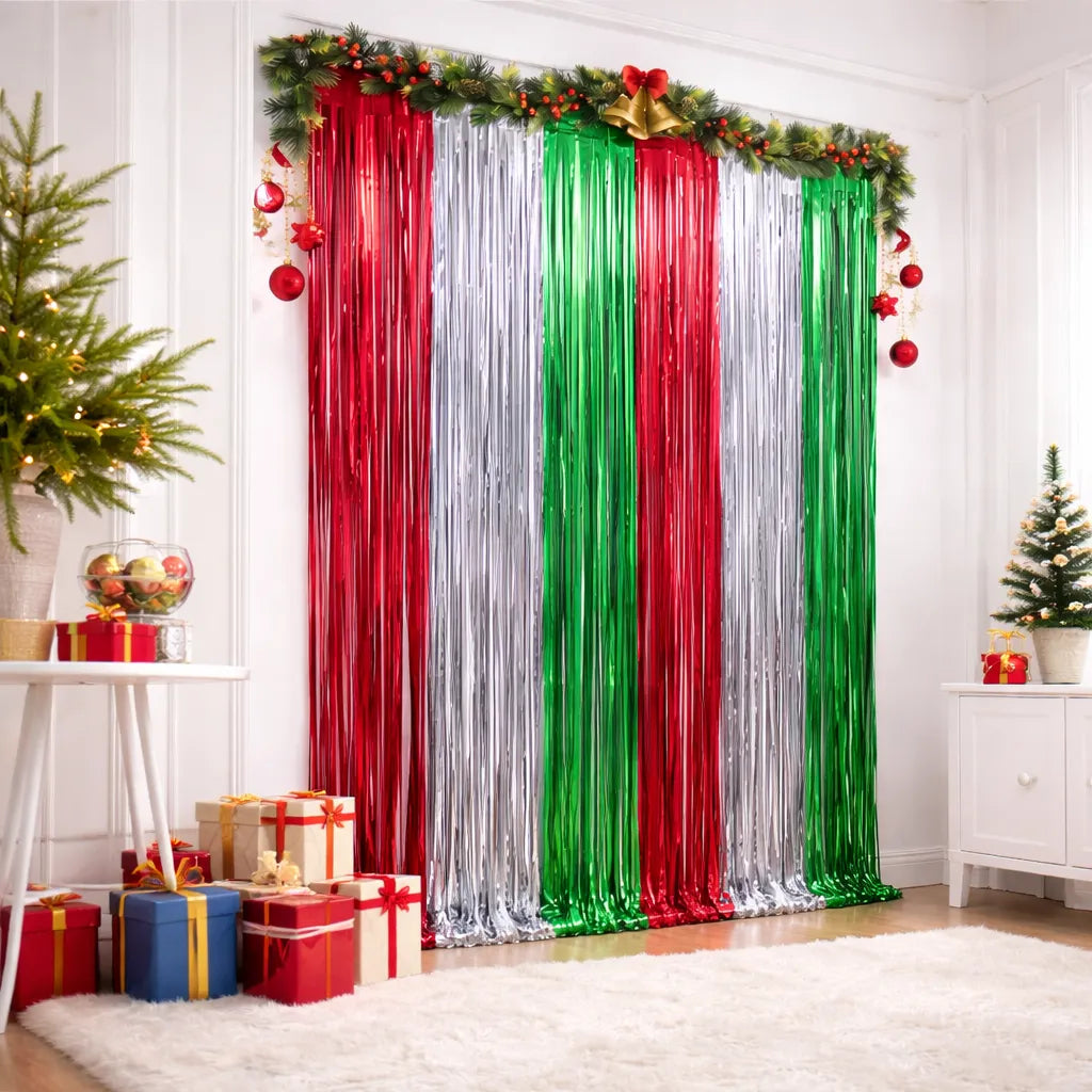 Lot de Rideaux à Franges Rouge Vert Argenté Festive