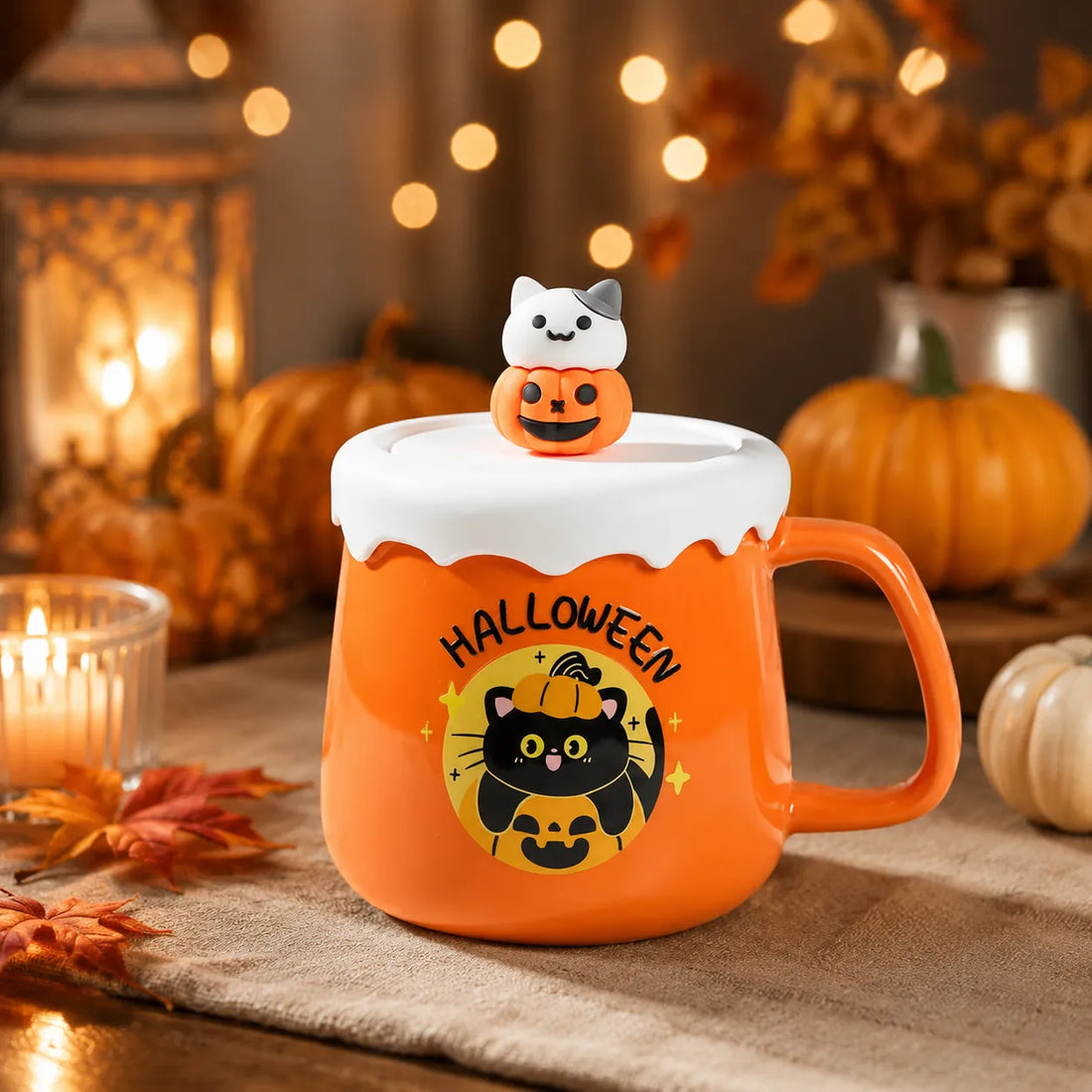Mug Orange à Couvercle Petit Chat Halloween stylé