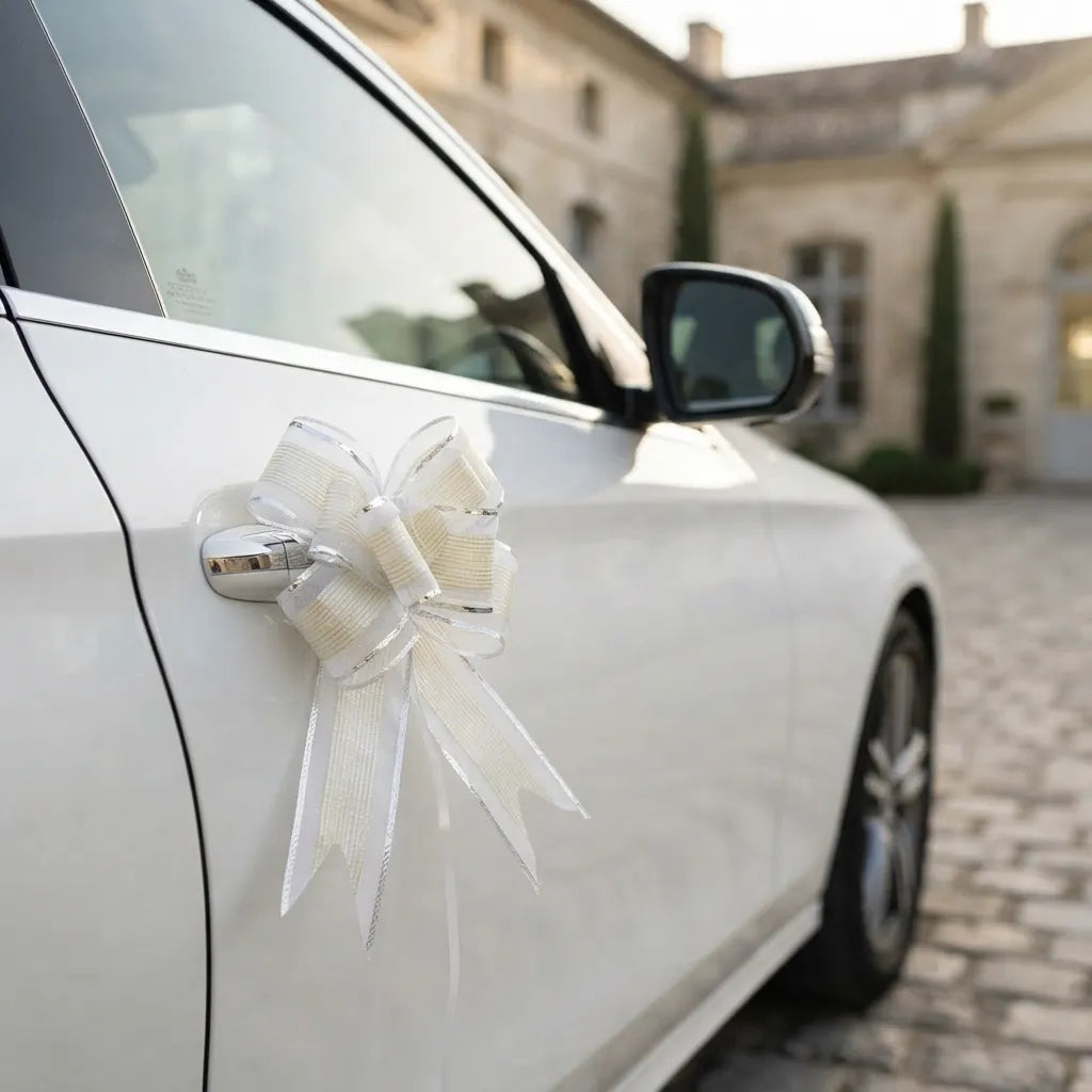 Nœud Blanc et Argenté Voiture mariage Minimaliste