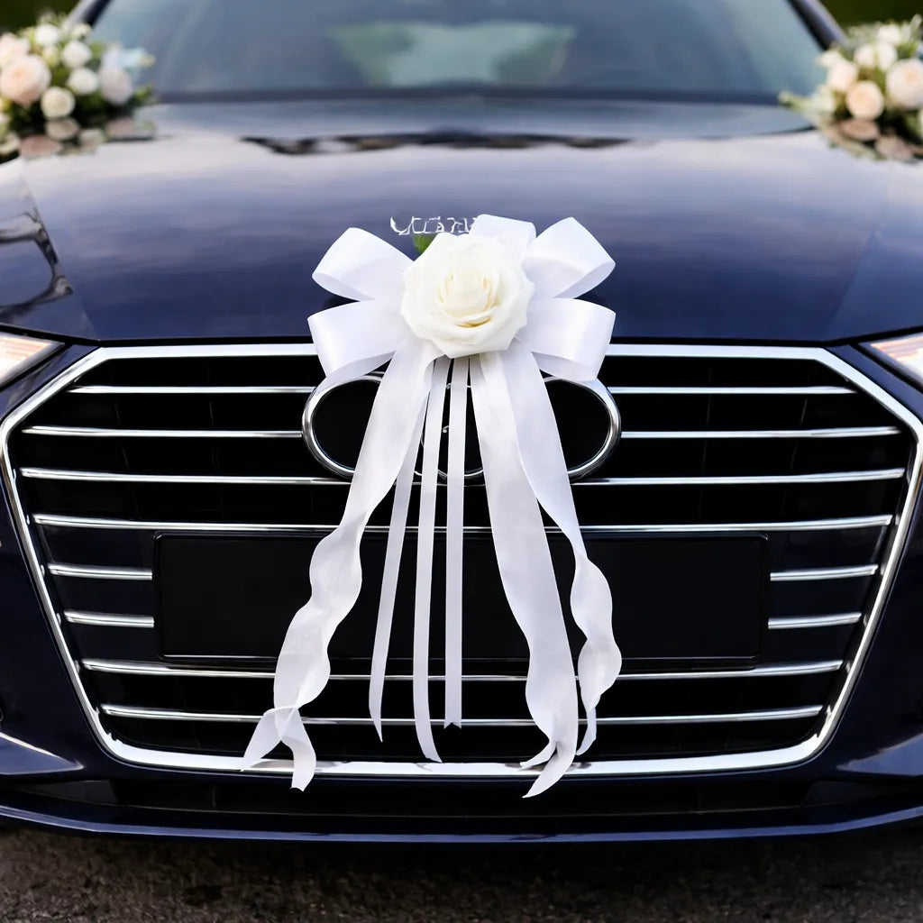 Nœud Ruban à Rose Blanche Pour Voiture Mariage
