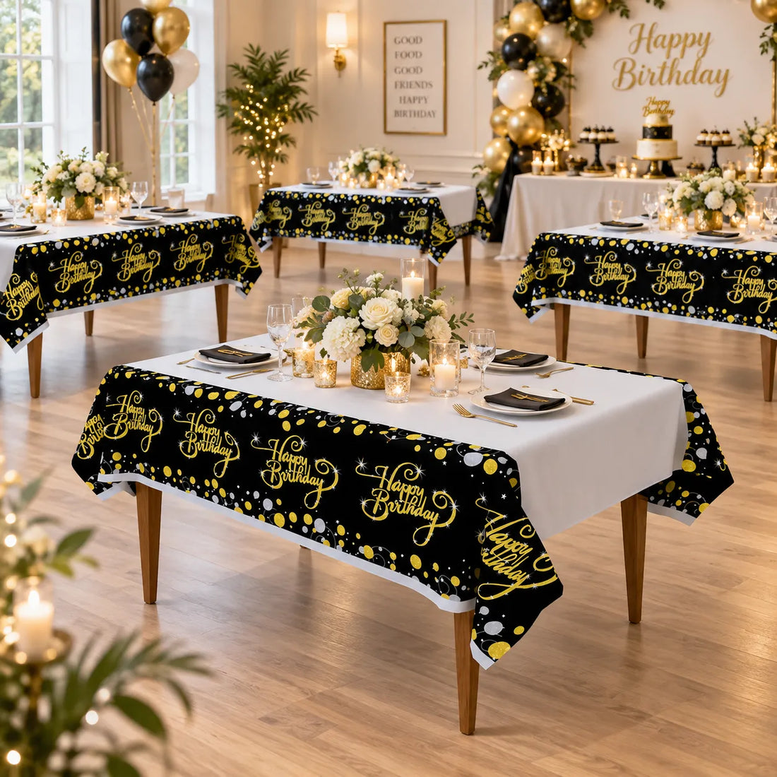 Nappe Anniversaire Noir et Blanc Doré Unique
