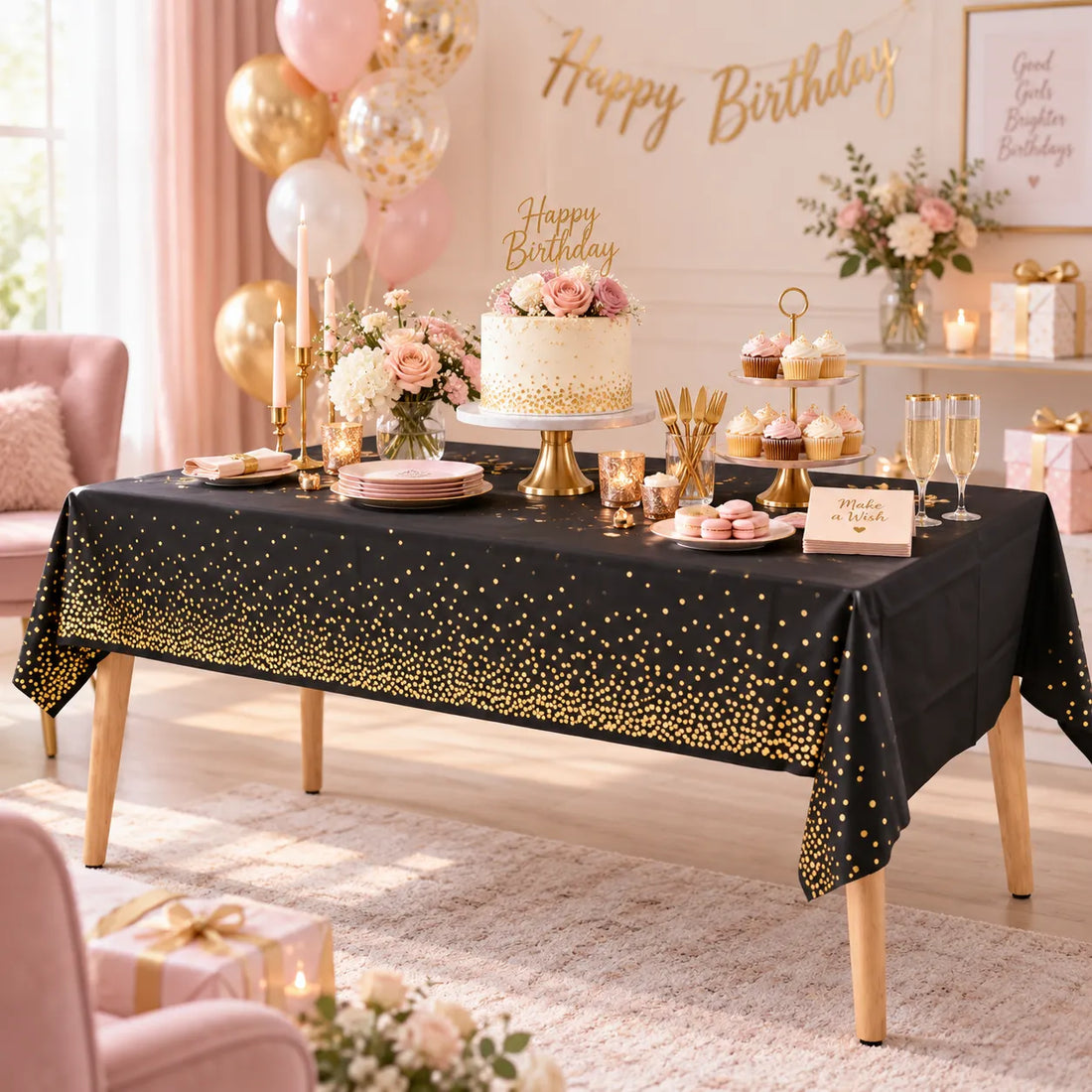 Nappe Anniversaire Noir et Doré Raffinée