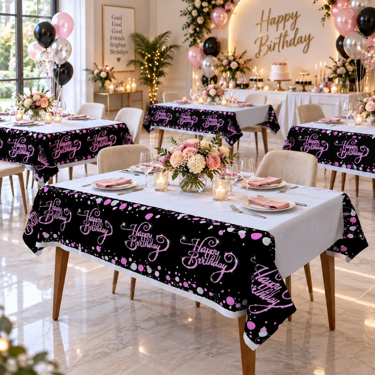 Nappe Anniversaire Noir et Rose Girly