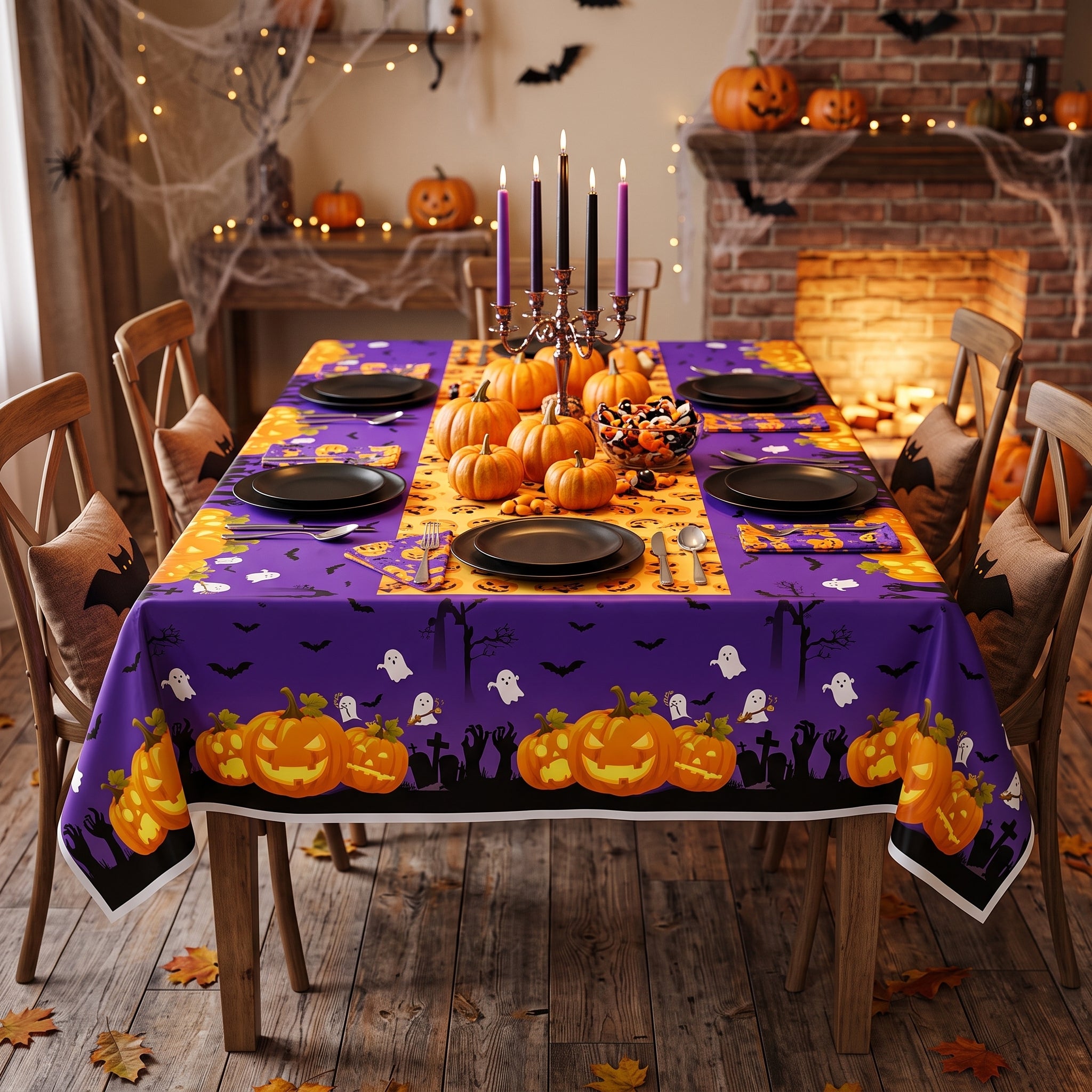 Nappe Happy Halloween Violette Imprimé Citrouilles effrayant